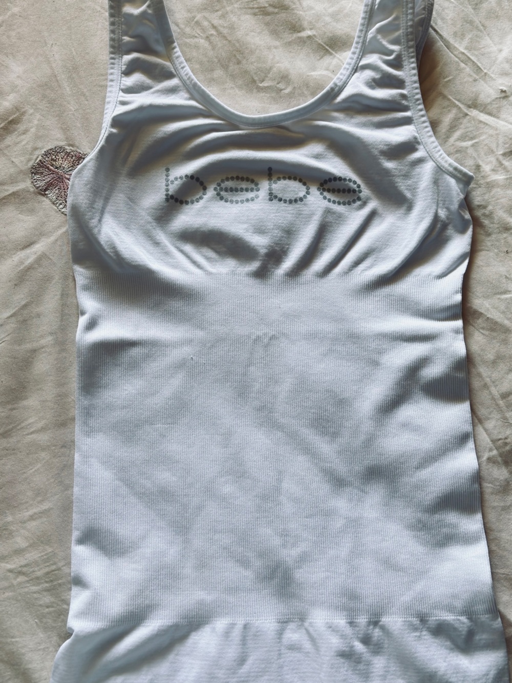 bebe White Rhinestone Logo Tank Top